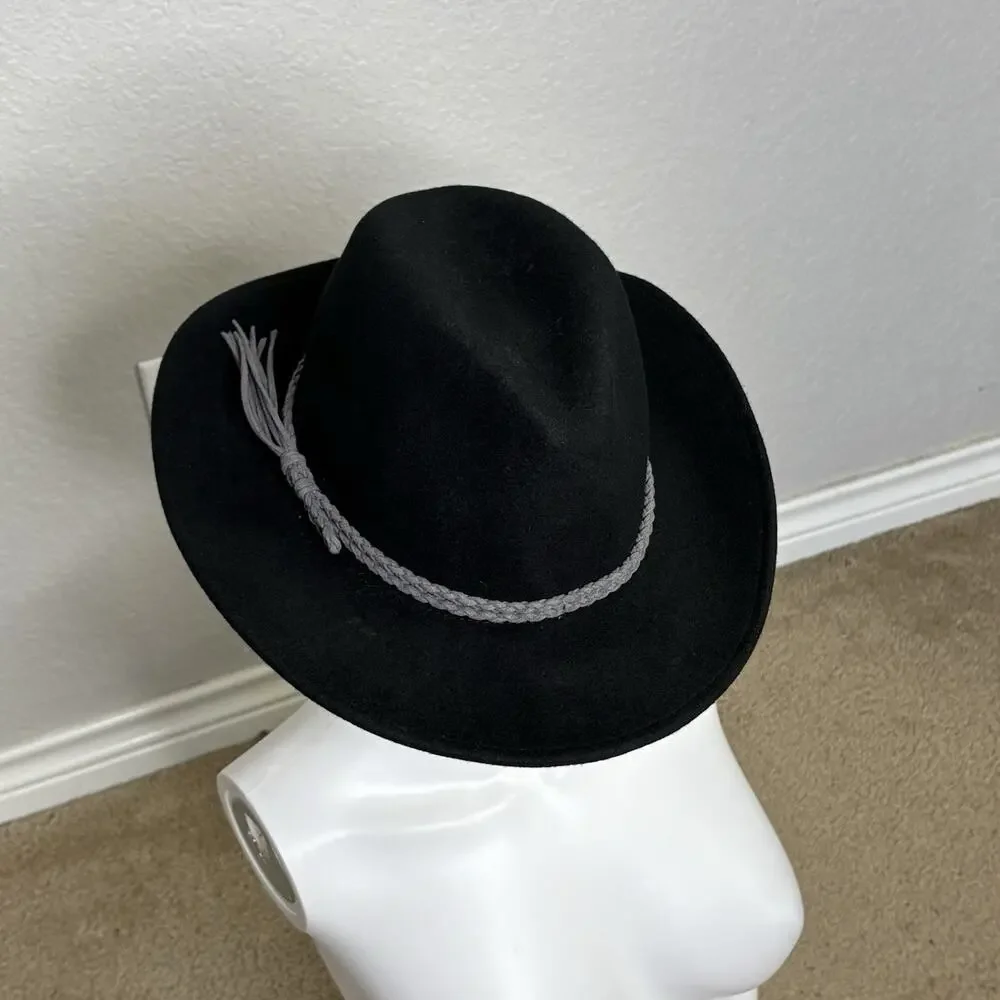 Vintage Y2K Lucky Brand Wool Fedora Hat Braided Fringe Leather Band Black